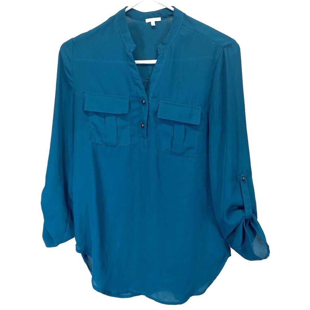 Charlotte Russe Women's Size S Blouse 1/3 Button Semi-Sheer Roll Tab Long Sleeve